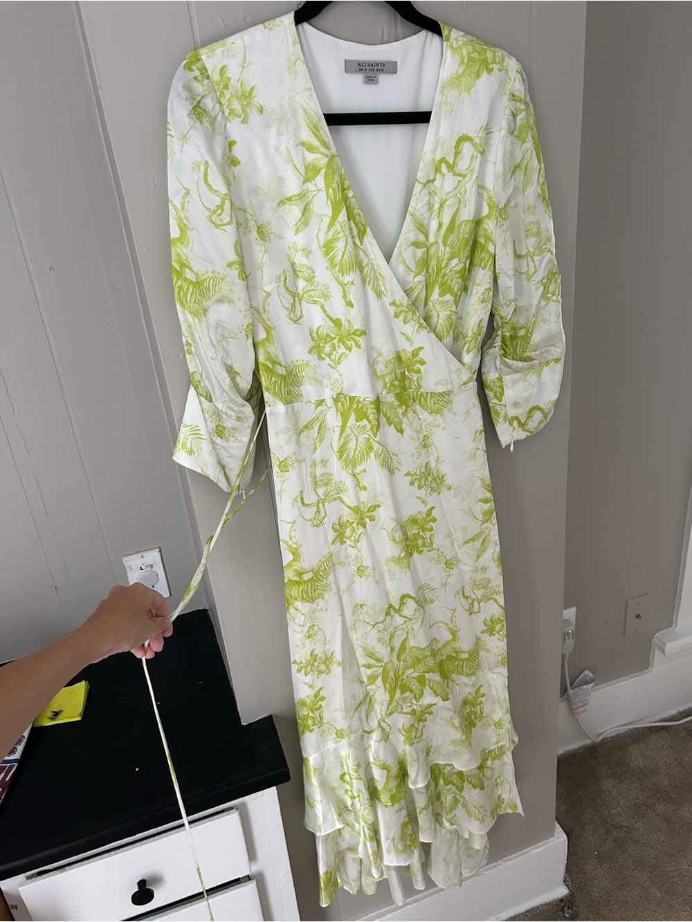 All Saints White & Lime  Satin Floral Wrap Midi Dress